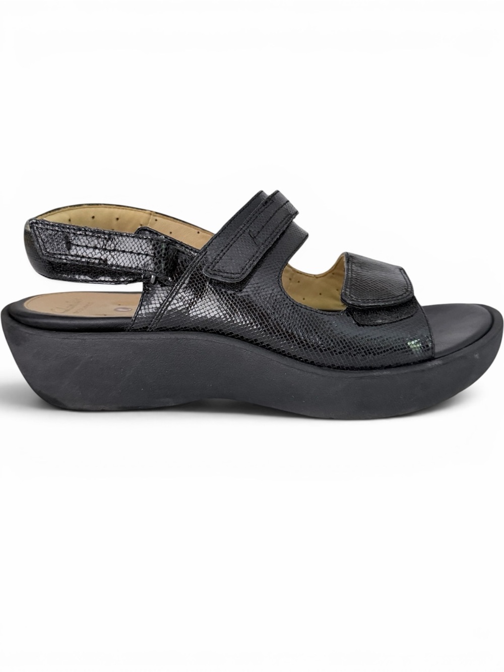 CLARKS Black Un Harvest Unstructured Leather Comfort Wedge Sandals size 9M